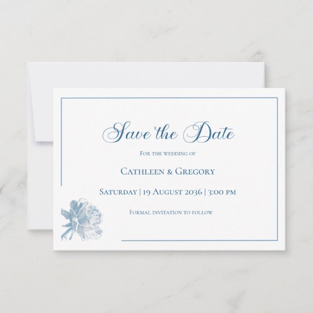 Save The Date Floral Line Art White Dusty Blue Wedding  (Devant)