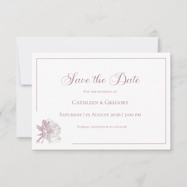 Save The Date Floral Line Art White Dusty Rose Wedding  (Devant)