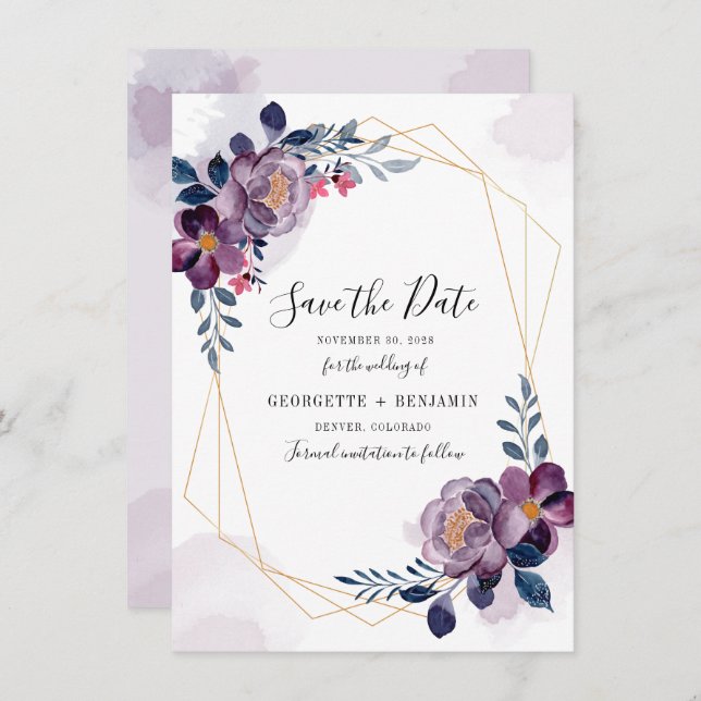 Save The Date Floral Mariage de feuillage géométrique violet (Devant / Derrière)