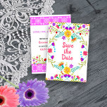 Save The Date Floral mexicain Fiesta & Papel Picado Blanc<br><div class="desc">Floral Enregistrer la carte Date dans le style coloré mexicain Fiesta et décoré les deux côtés avec des fleurs d'art populaire et picado papel. Le texte au recto se lit simplement "Enregistrer la date". À l'arrière, le modèle est configuré pour vous permettre d'ajouter votre date spéciale, votre nom, l'occasion et...</div>
