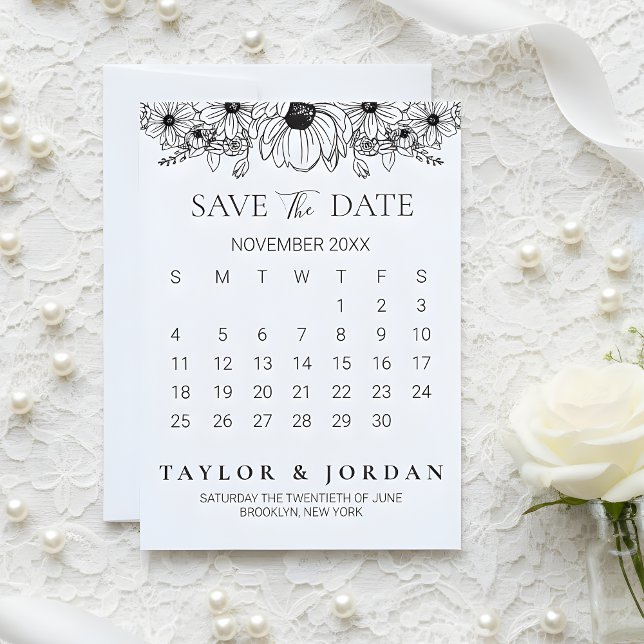 Save The Date Floral Minimalist Botanical Calendar Wedding  (Créateur téléchargé)