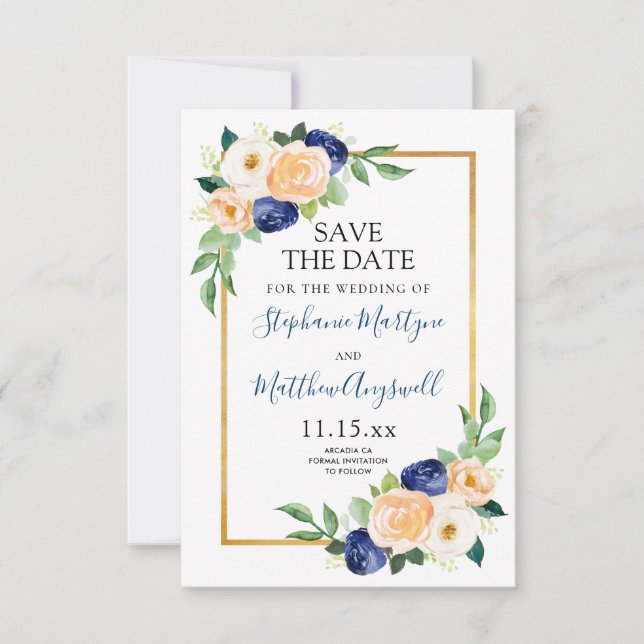 Save The Date Floral moderne Mariage de corail bleu (Devant)