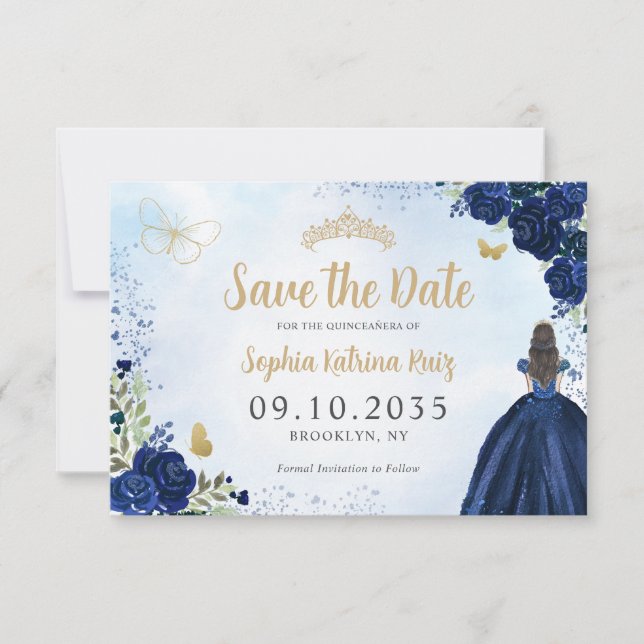 Save The Date Floral Navy Blue Gold Princess Tiara Quinceanera (Devant)