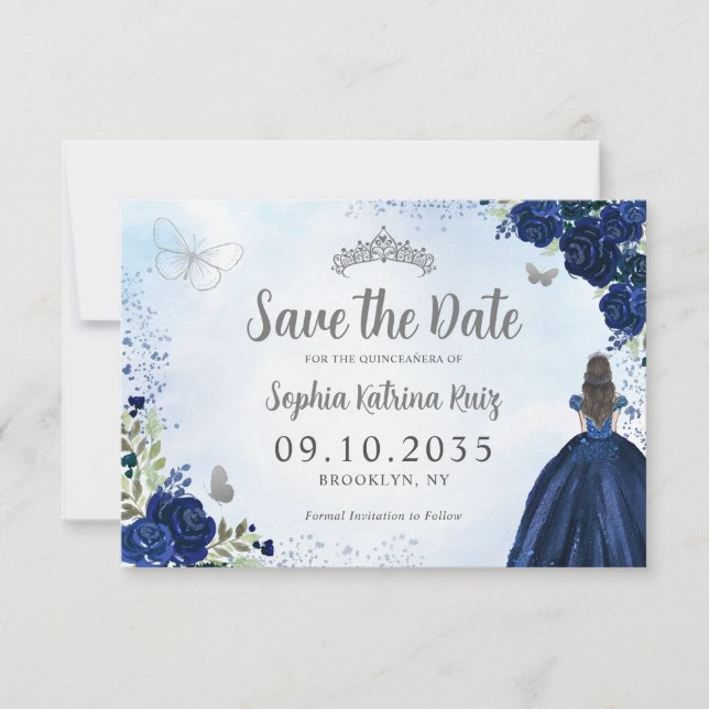 Save The Date Floral Navy Blue Silver Princess Tiara Quinceanera (Devant)