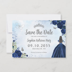 Save The Date Floral Navy Blue Silver Princess Tiara Quinceanera