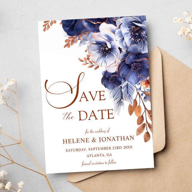 Save The Date Floral Navy Blue Terracotta Boho Elégant mariage (Floral Navy Blue Terracotta Boho Elegant Wedding Save The Date)