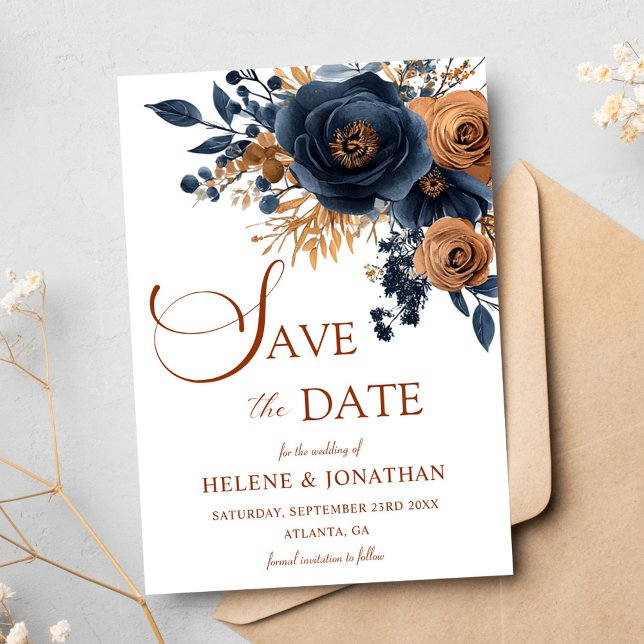 Save The Date Floral Navy Blue Terracotta Garden Mariage élégant (Floral Navy Blue Terracotta Garden Elegant Wedding Save The Date)
