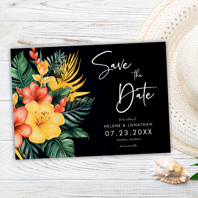 Save The Date Floral Noir Botanique Mariage tropical (Floral Black Botanical Tropical Wedding Save The Date)