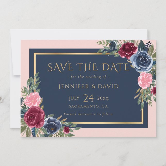Save The Date Floral or bleu Bourgogne bleu marine moderne (Devant)