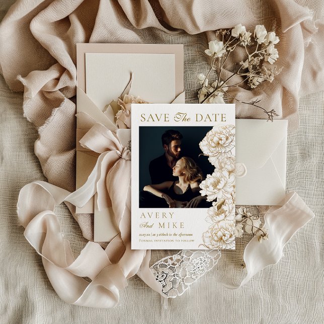 Save The Date Floral Peonies Blanc Golden Elegant Mariage photo (Créateur téléchargé)