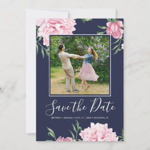 Save The Date Floral Pink Peony Botanical Navy Elegant Photo