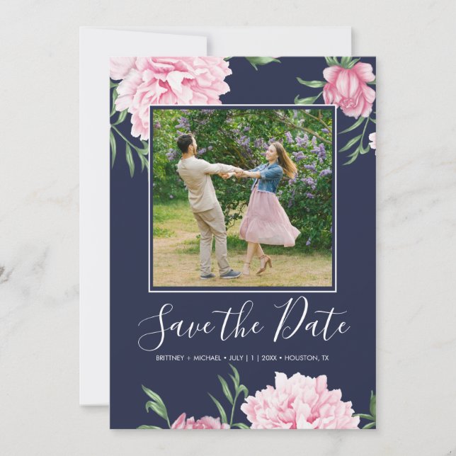 Save The Date Floral Pink Peony Botanical Navy Elegant Photo (Devant)