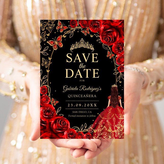 Save The Date Floral Quinceanera Black Red Gold (Créateur téléchargé)