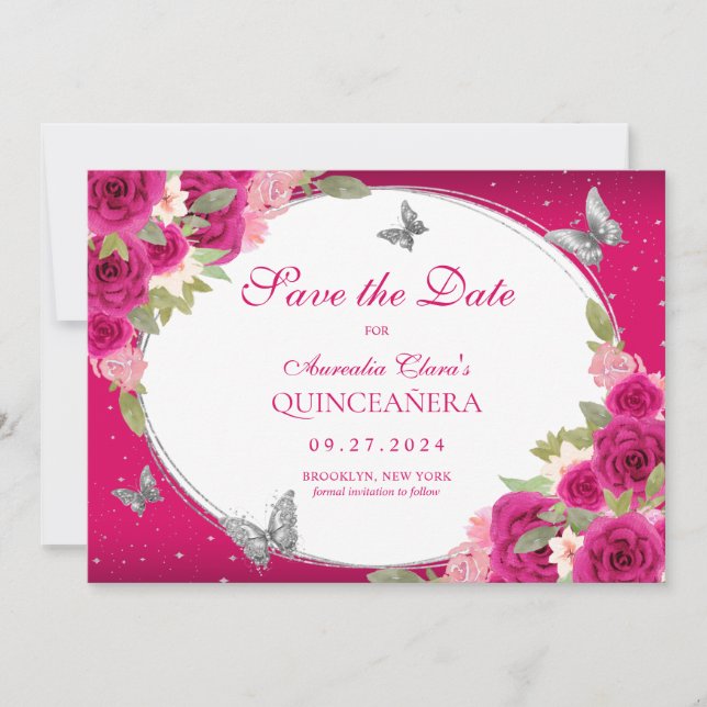 Save The Date Floral rose Argent Tiara Papillon Quinceanera (Devant)