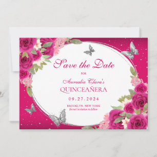 Save The Date Floral rose Argent Tiara Papillon Quinceanera