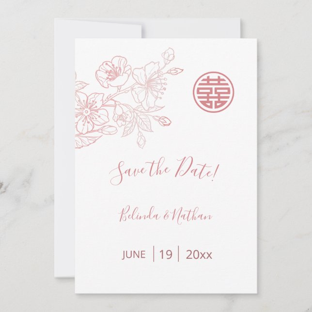 Save The Date Floral rose pâle Mariage chinois (Devant)