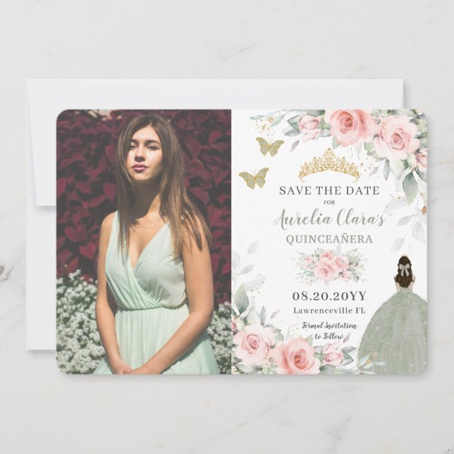 Save The Date Floral rose pâle Princesse Sage Green Quinceañera (Devant)