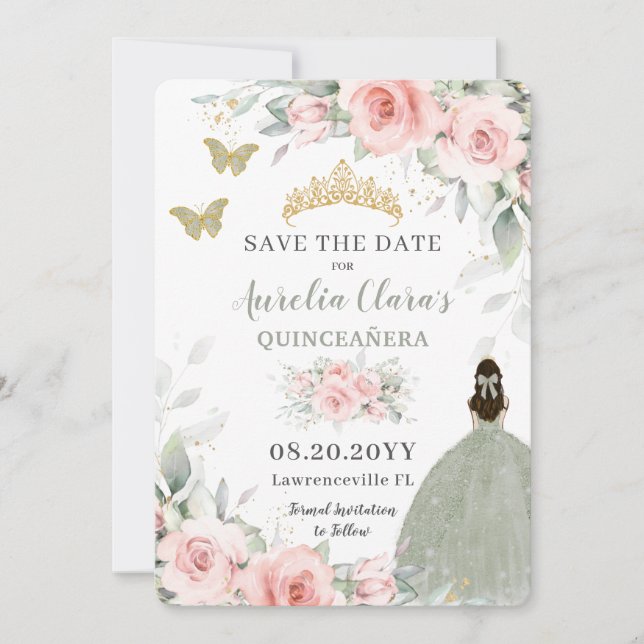 Save The Date Floral rose pâle Princesse Sage Green Quinceañera (Devant)