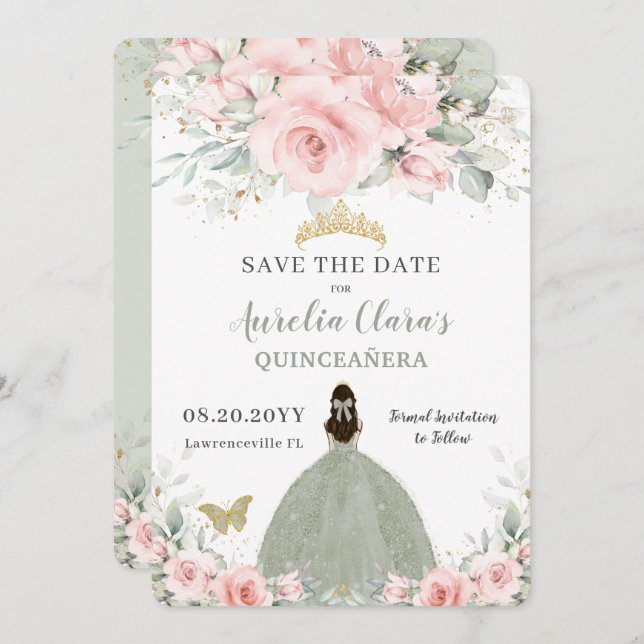 Save The Date Floral rose pâle Princesse Sage Green Quinceañera (Devant / Derrière)