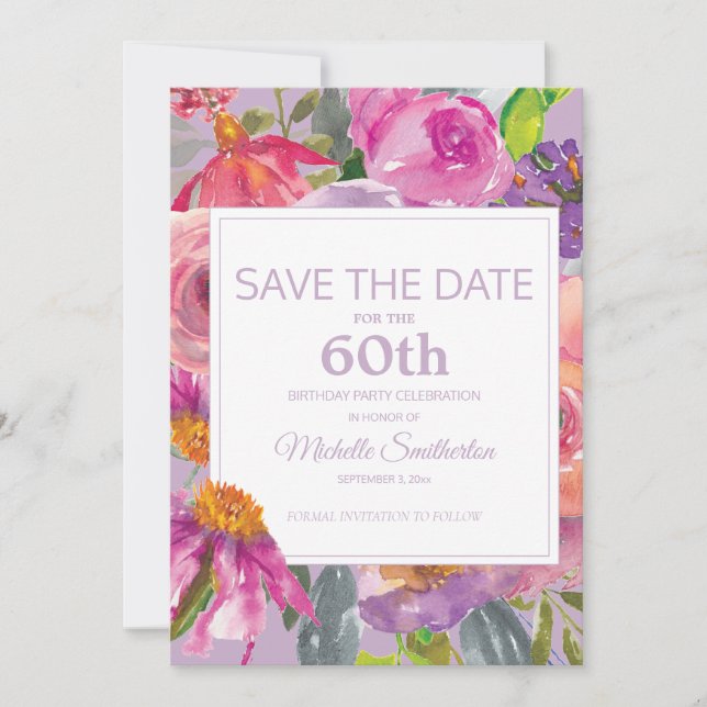 Save The Date Floral rose pourpre 60e anniversaire Date de sauve (Devant)