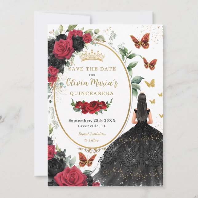 Save The Date Floral Rose rouge et noir Quinceañera (Devant)