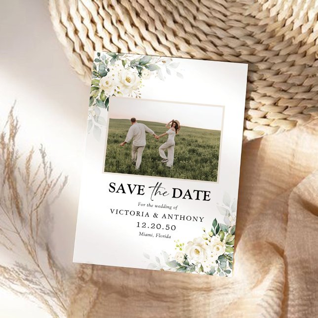 Save The Date Floral Roses Blanches Sauvez la Date avec Photo (Créateur téléchargé)