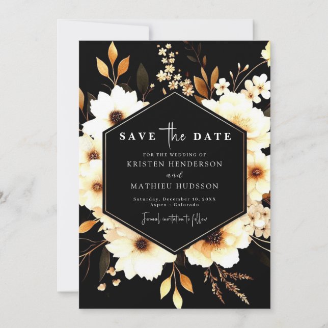 Save The Date Floral Rustic Gold et Mariage noir (Devant)