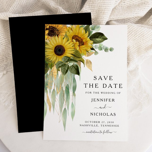 Save The Date Floral Rustique De Tournesols Noirs Et Blancs (Elegant Black And White Sunflower Save The Date)