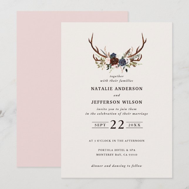 Save The Date Floral rustique et bois mariage marine rose (Devant / Derrière)