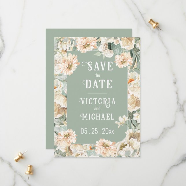 Save The Date Floral Sage Green Mariage élégant (Devant/Arrière en situation)