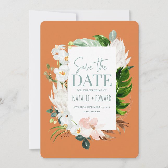 Save The Date Floral tropical rose, turquoise et orchidée (Devant)