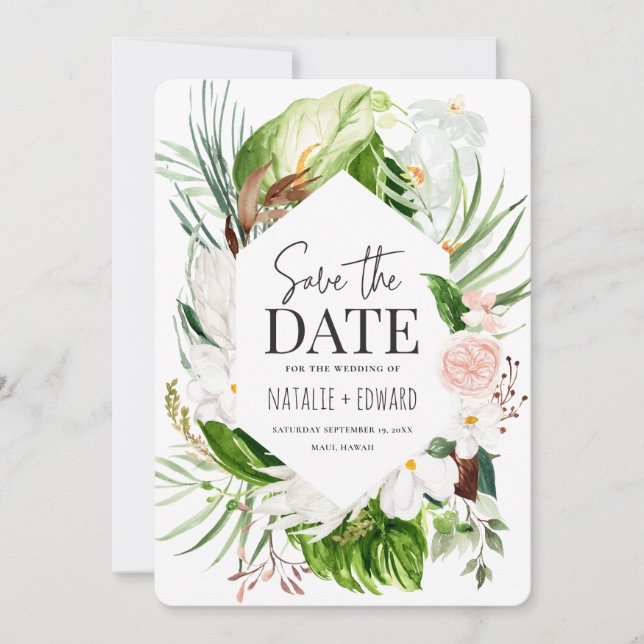 Save The Date Floral tropical rose, turquoise et orchidée (Devant)