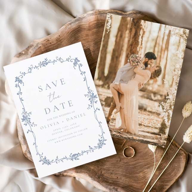Save The Date Floral victorien Dusty Blue Photo Mariage français (Créateur téléchargé)