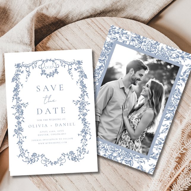 Save The Date Floral victorien Dusty Blue Photo Mariage français (Créateur téléchargé)