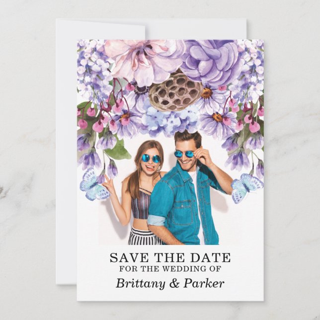Save The Date Floral violet aquarelle Mariage photo (Devant)