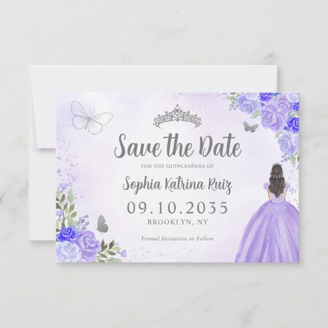 Save The Date Floral violet argent princesse Anniversaire Quince (Devant)