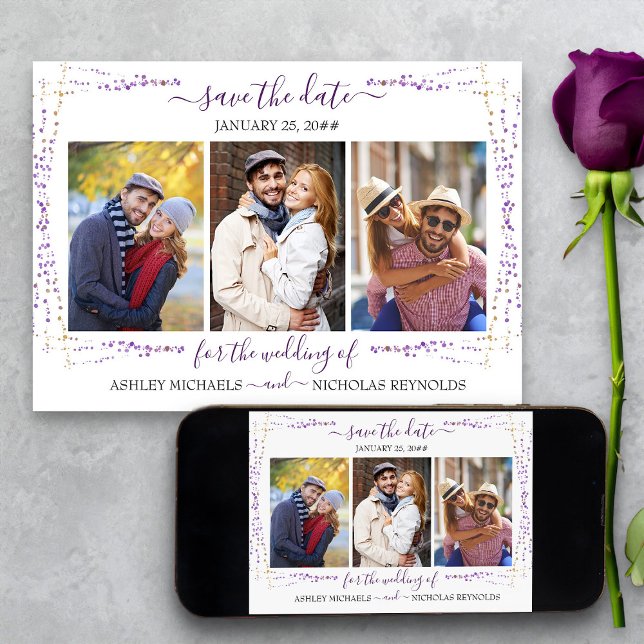 Save The Date Floral violet et Confetti 3 Mariage photo (Purple confetti 3 Photo Save the Date from my Plush Purple Wedding Collection)