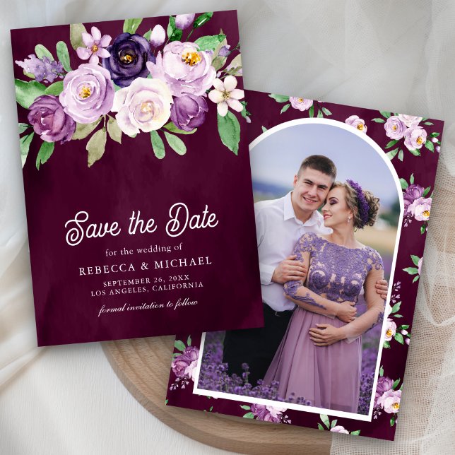 Save The Date Floral violet photo Dark Moody Plum Mariage (Créateur téléchargé)