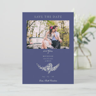 Save The Date Floral Wreath Navy White Photo Classic Mariage