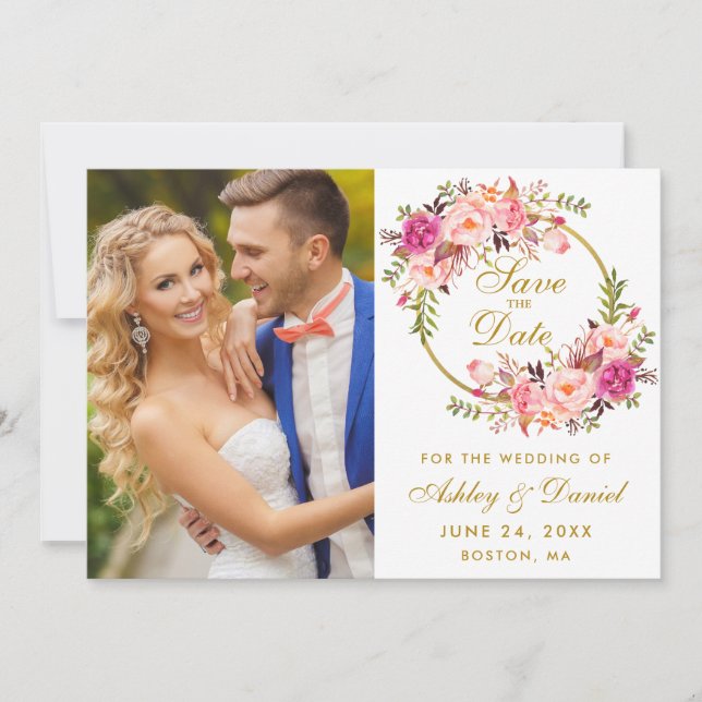 Save The Date Floral Wreath Pink Gold Enregistrer la photo Date (Devant)