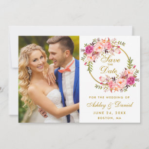 Save The Date Floral Wreath Pink Gold Enregistrer la photo Date