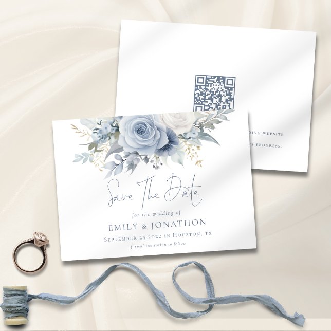 Save The Date Florales bleu Dusty QR Code bleu Mariage (Front and back view)