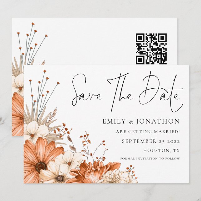 Save The Date Florales d'automne modernes QR Code Mariage (Devant / Derrière)