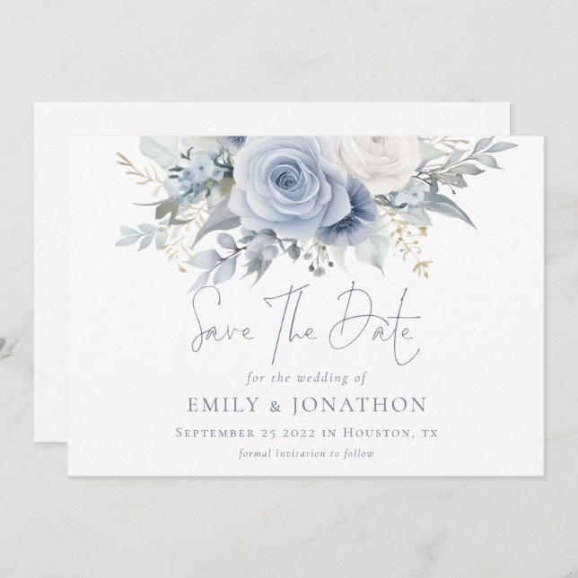 Save The Date Florales modernes Dusty Blue Texte QR Code Mariage (Devant / Derrière)