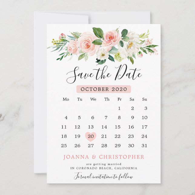 Save The Date Florales rose pâle Calendrier botanique moderne (Devant)