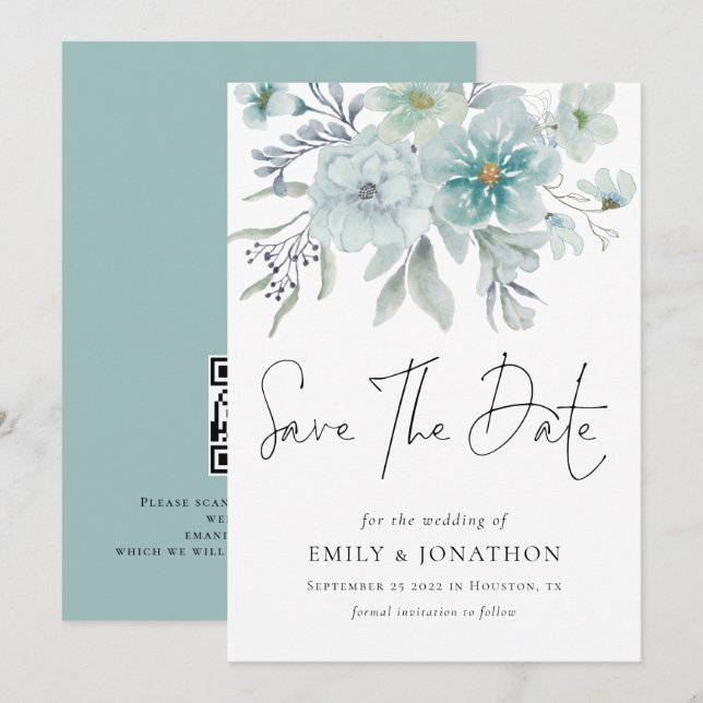 Save The Date Floraux Turquoises de Mist de mer Mariage de code  (Devant / Derrière)