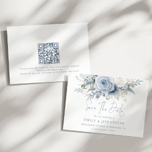 Save The Date Flore bleu Dusty QR Code Mariage d'écriture bleu