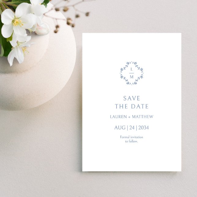 Save The Date Flore bleu et blanc Mariage monogramme plat (Créateur téléchargé)
