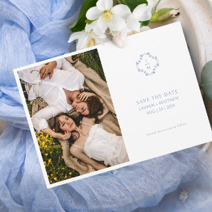 Save The Date Flore bleu et blanc Mariage monogramme plat