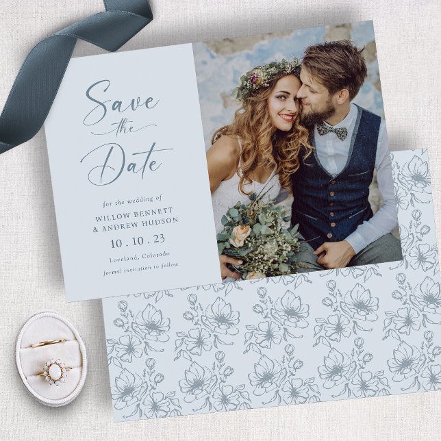 Save The Date Flore bleu poussiéreux (Dusty Blue Floral Save The Date
)